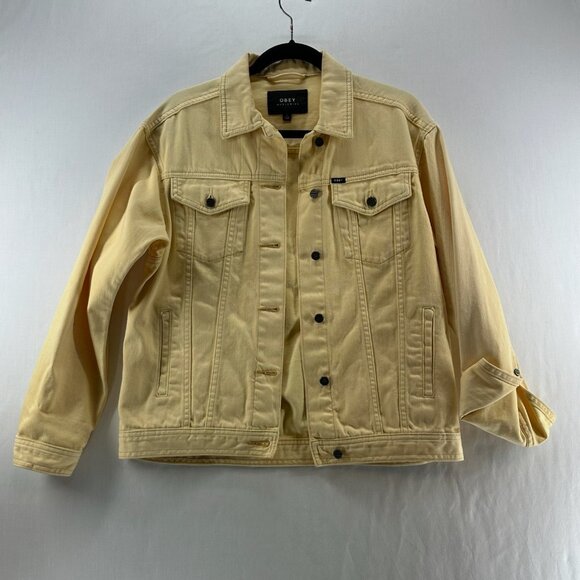 OBEY Denim Trucker Jacket Womens S Graphic Rose Button Front Long Sleeve Yellow - Picture 1 of 13
